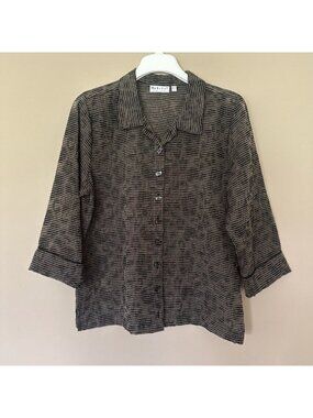 Habitat Women L Semi-sheer 3/4 Sleeve Button Shirt Black Brown Artsy Office